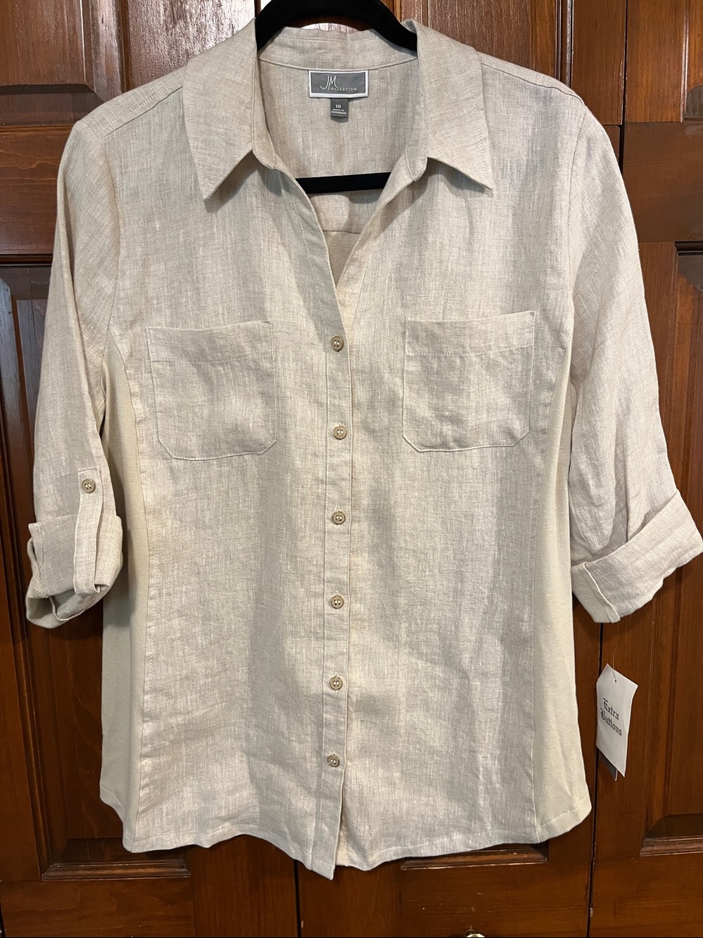 NWT JM Collection Beige Coastal Linen-Cotton Blend Button Down Shirt Size 10